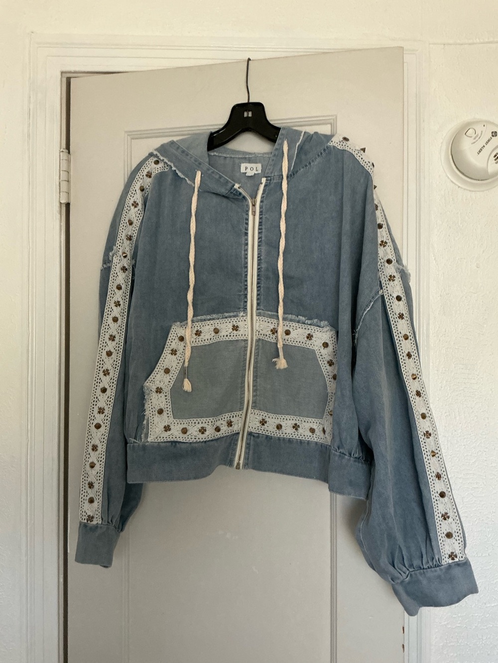 POL Light Blue Denim Hooded Zip-Up Jacket with Crochet Trim